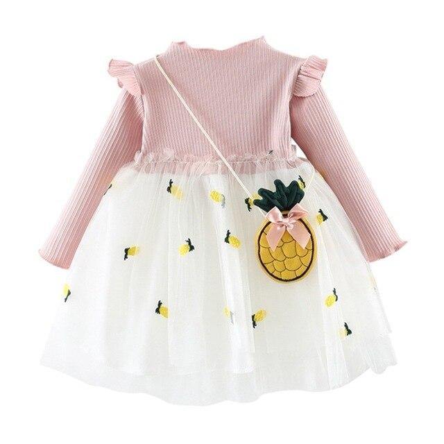 Vestido Casual Abacaxi Cute Manga Longa - Tamanhos de 6 meses a 4 anos